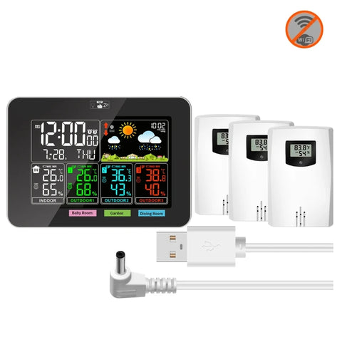 Weather Station with LCD Display Desktop Clock Weather Forecast Indoor/Outdoor Thermometer Hygrometer with 3-Sensors