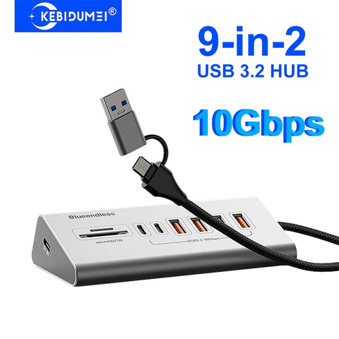 USB 3.2 10Gbps Hub USB Docking Station Type C Splitter with Card Reader Aluminum Alloy Multi 8/9 Ports Switch For PC Laptop
