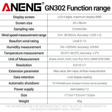 Digital Anemometer 0.4~30m/s ANENG GN302 Handheld Wind Speed Meter Humidity Air Velocity Airflow -20 C ~ 60 C Temperature Test