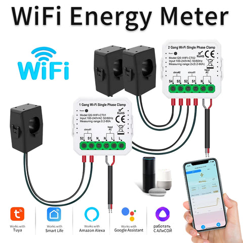 Tuya Smart WiFi Energy Meter Current Transformer Clamp Monitor 1CH 2CH 80A Solar PV System Power Production Consumption Monitor
