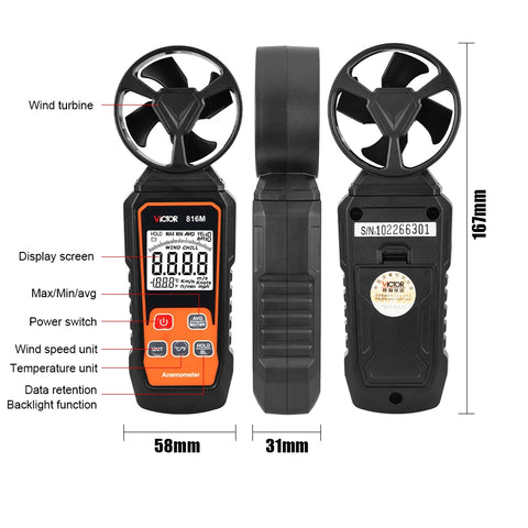 VICTOR Digital Anemometer High Precision LCD Backlight Display with Wind Speed & Temperature Measurement Wind Speed Meter
