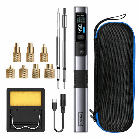 FNIRSI HS-02A kit with seven brass insert heads, tip adapter, pointed tip, stand, lead and pouch