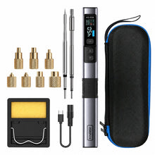 FNIRSI HS-02A kit with seven brass insert heads, tip adapter, pointed tip, stand, lead and pouch