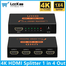 4K HDMI splitter one input four outputs on clean background