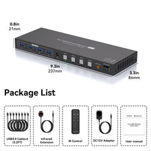 Four-computer HDMI KVM switch dimensions and package contents